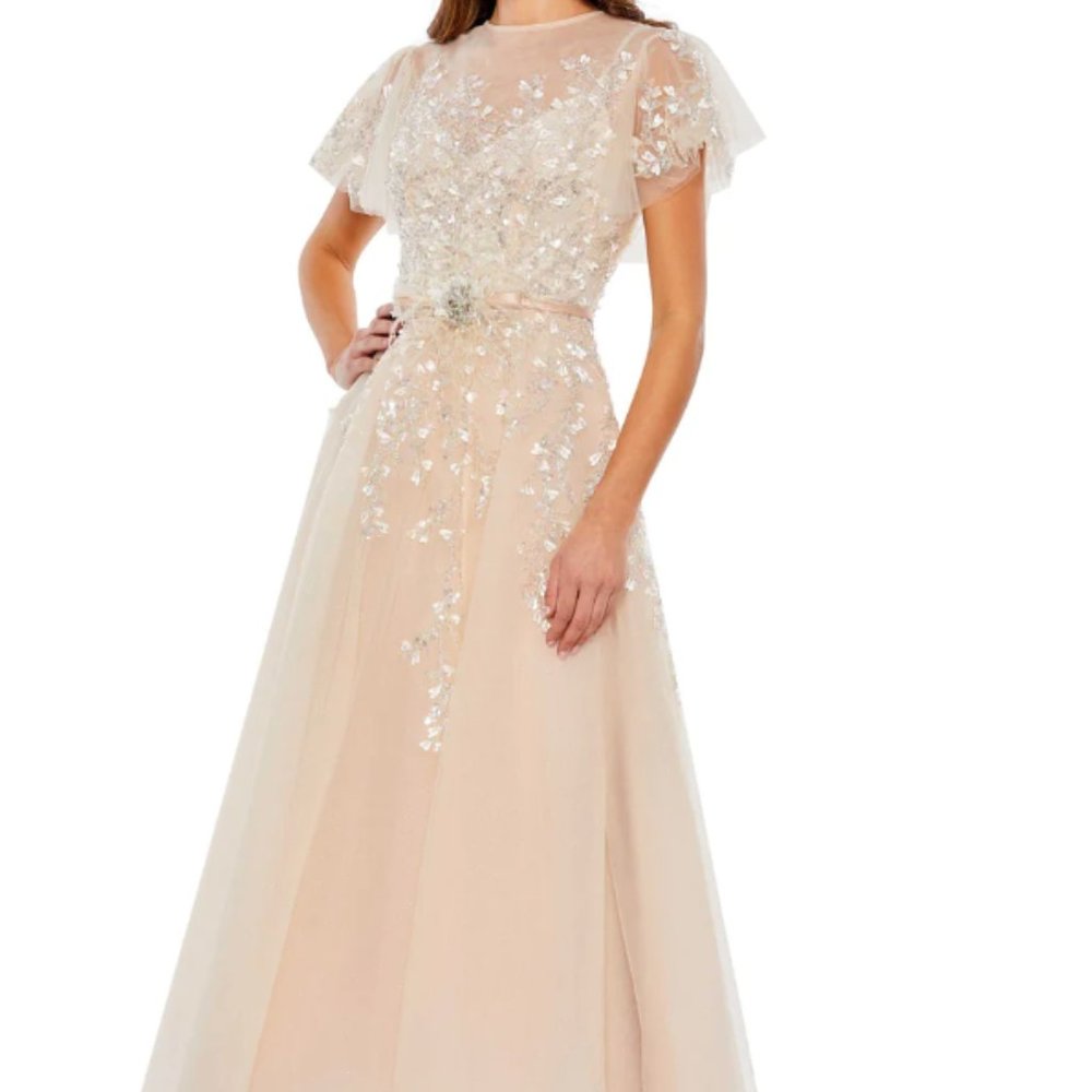 MAC DUGGAL 20362 EMBELLISHED FLUTTER SLEEVE BOW WAIST A-LINE NUDE GOWN sz 8